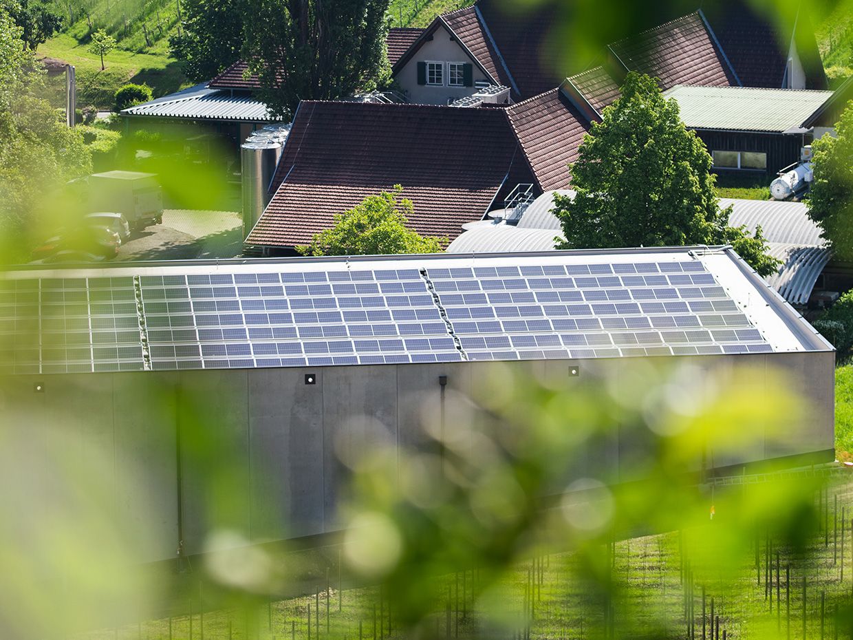 Photovoltaikanlage am Dach vor einer Gruppe Häusern