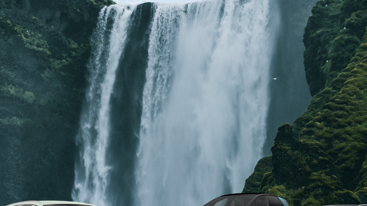 Wasserfall mit MOON und sharetoo Schriftzug und Elektroautos im Vordergrund 