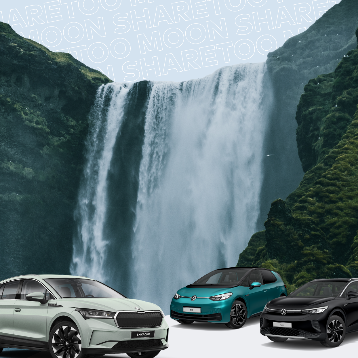 Wasserfall mit MOON und sharetoo Schriftzug und Elektroautos im Vordergrund 