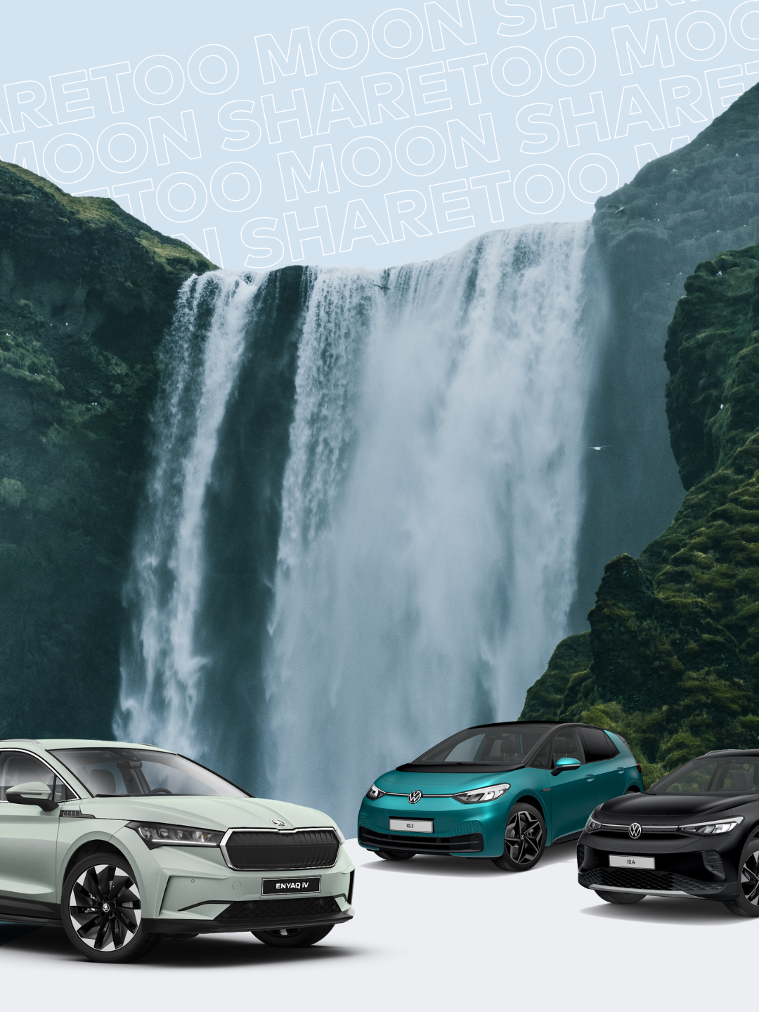 Wasserfall mit MOON und sharetoo Schriftzug und Elektroautos im Vordergrund 