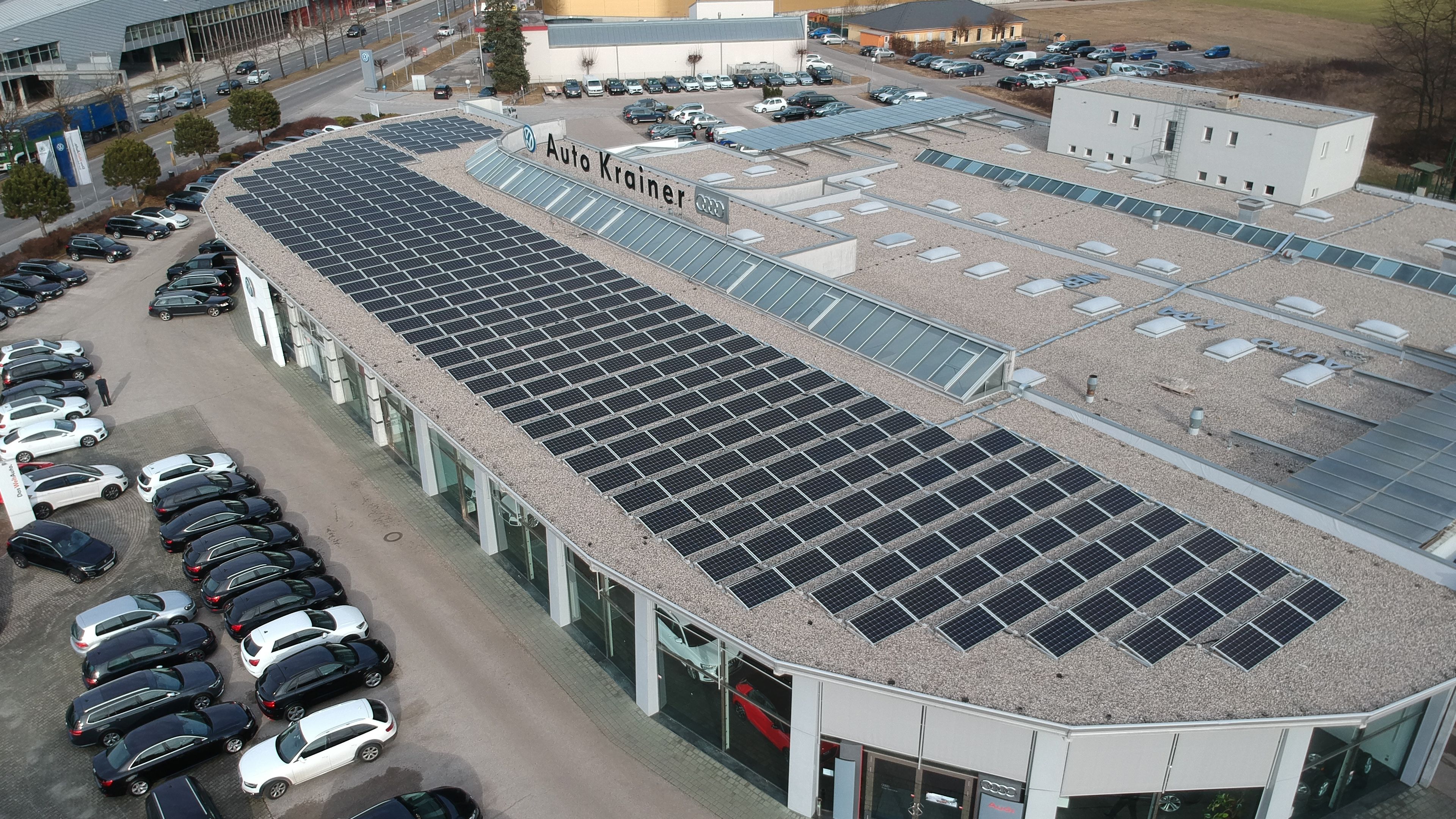 Autohaus von oben mit Parkplatz